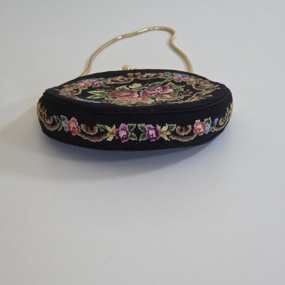 Vintage Floral Petit Point  Purse Round Needlepoint Tapestry Evening Bag Clutch - Picture 7 of 16